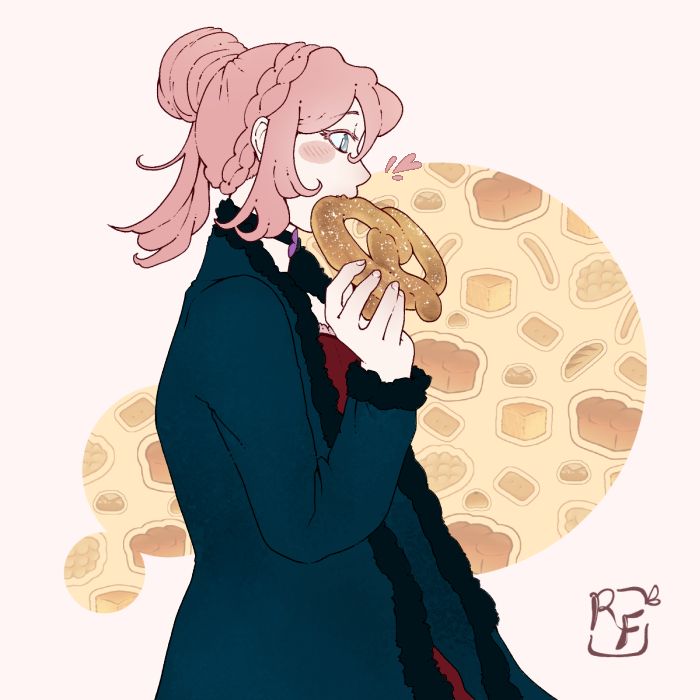 A girl with pink hair wearing a long dark blue coat. She's munching on a huge pretzel.