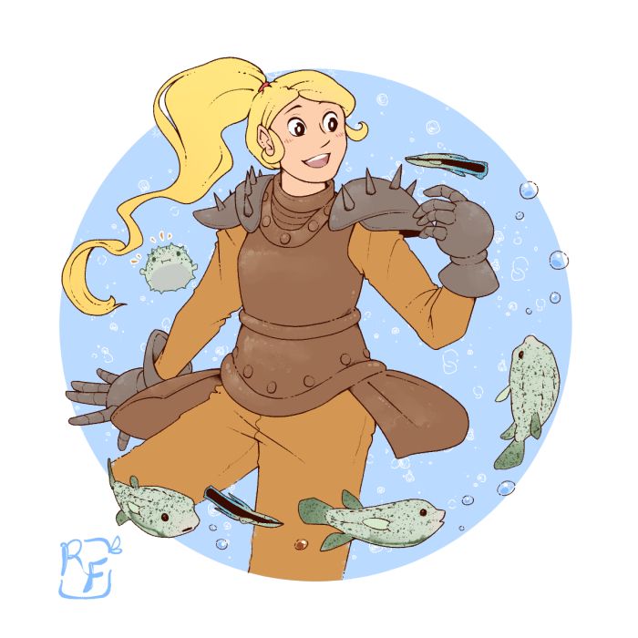 The character Puffer from the webcomic, "Puffer and Clarissa." She's framed in a blue circle with puffer fish and cleaner wrasse fish.