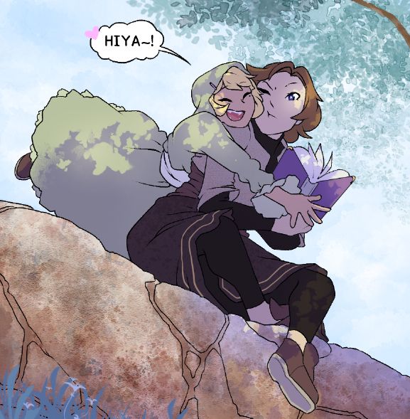 A crop of a fully colored comic panel A woman in a green dress is jumping onto the back of another woman who is sitting on a stone wall, book in hand. The woman in green is saying: "Hiya~! <3"