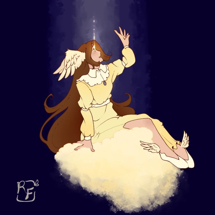 A woman with long brown hair wearing a golden dress is sitting on a golden cloud. There are a pair of wings coming out of the side of her head as well as a pair of wings on her ankles. A thin golden light is coming from her eye. She floats in a deep purple void.