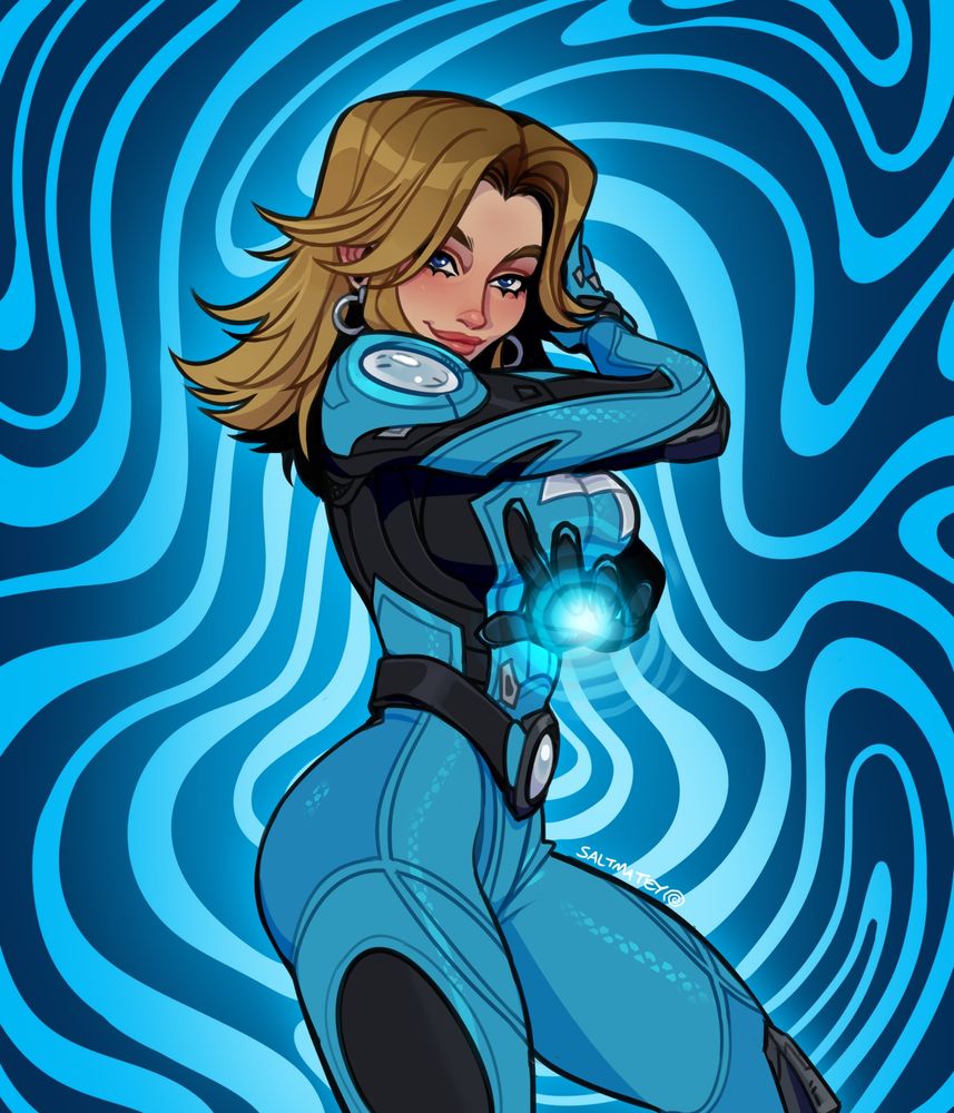Sue storm, "Invisible Woman" of the fantastic four stands at a sideways pose pointing her hand at the viewer.