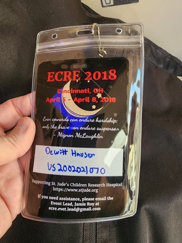 A badge for the Camarilla's East Central Regional Event in 2018 assigned to Dewitt Hauser US2002021070.