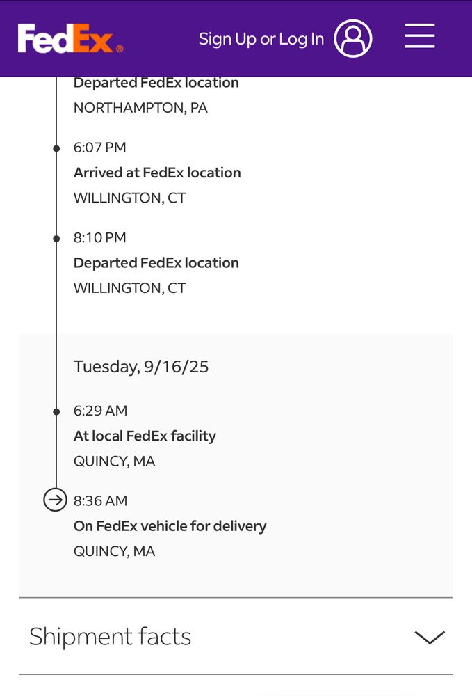 Screenshot of FedEx tracking showing package is on FedEx vehicle out for delivery. 