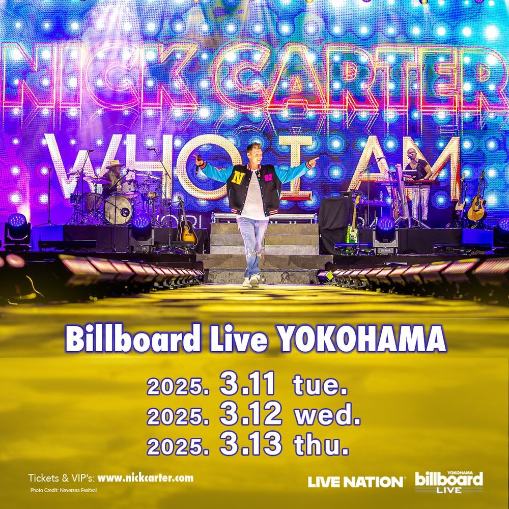 Photo of Nick Carter with a list of Japanese tour dates for March 2025.