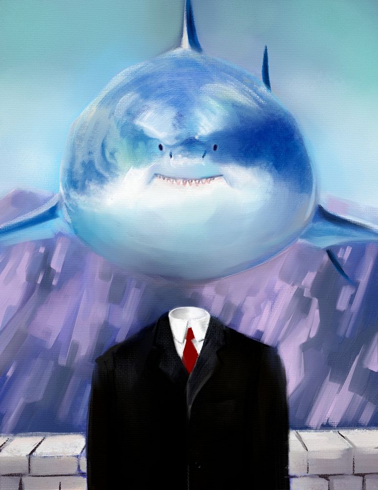 The Art of Living but the orange is replaced by a very round shark with a tiny face.