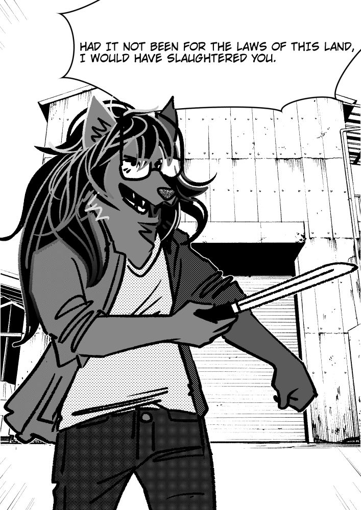 A serious anime manga style wolf brandishing a knife. Word bubble reads "Had it not been for the laws of this land, I would have slaughtered you."