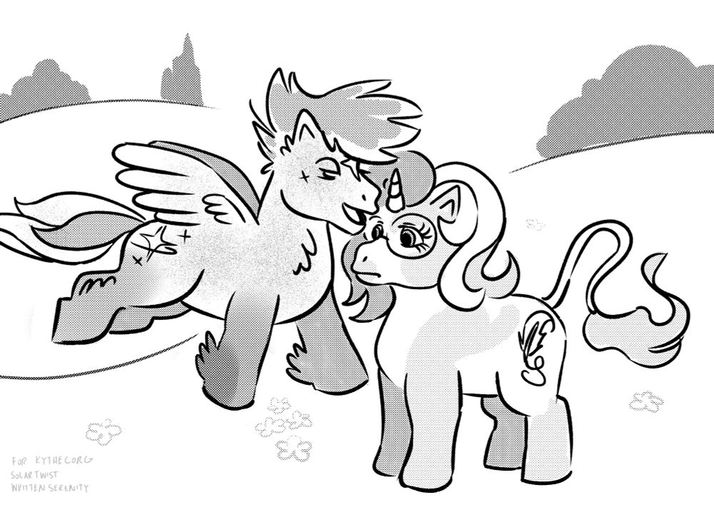 A pony explaining something to a distressed pony, drawn in the g1 my little pony style.