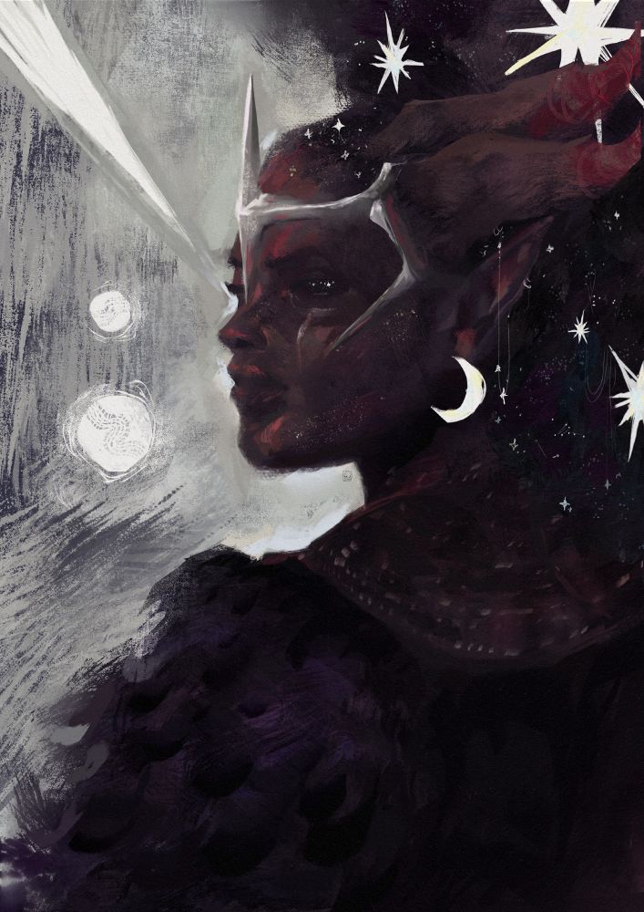portrait of a dark skinned elf clad in dark armour with feathers at shoulders. she is a depiction of mythal with the face helmet that is characteristic. In the dark hair there are stars