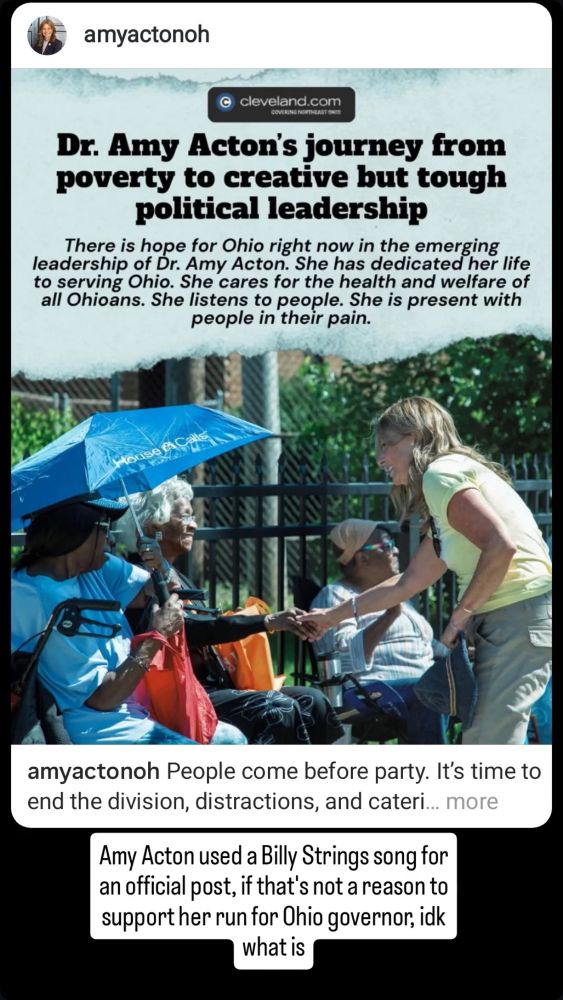 An ad for Dr Amy Acton running for governor and a note that says she used a billy strings song for an official post and that’s a good enough reason to vote for her 