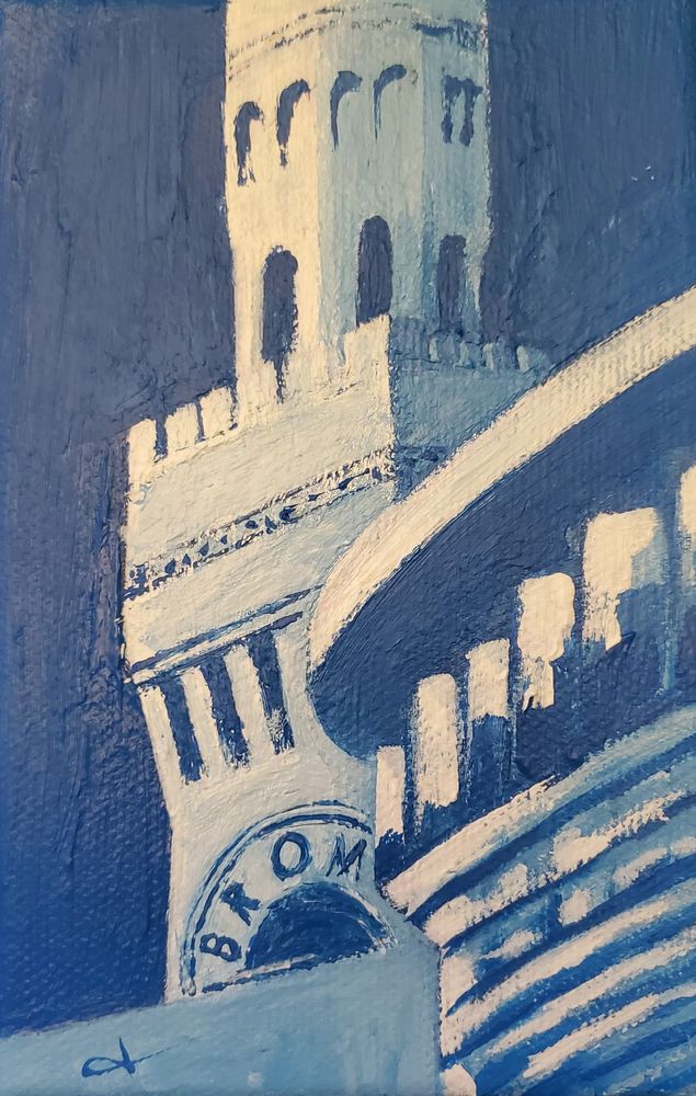 4" x 6" Acrylic painting of the Bromo Seltzer Tower amongst other buildings in Baltimore