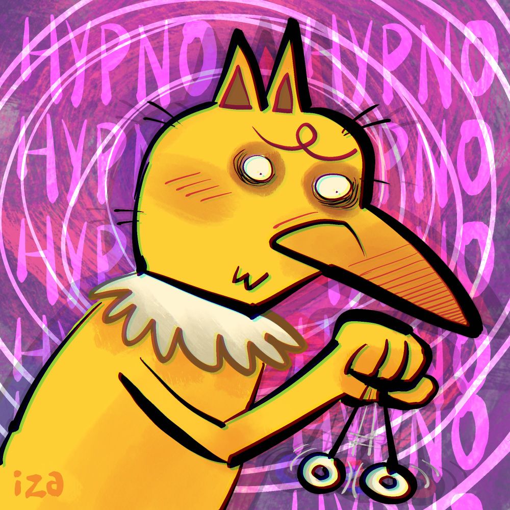 A silly illustration of the pokemon Hypno swinging its hypnosis pendulum & staring while a swirl is behind it with the word Hypno repeating