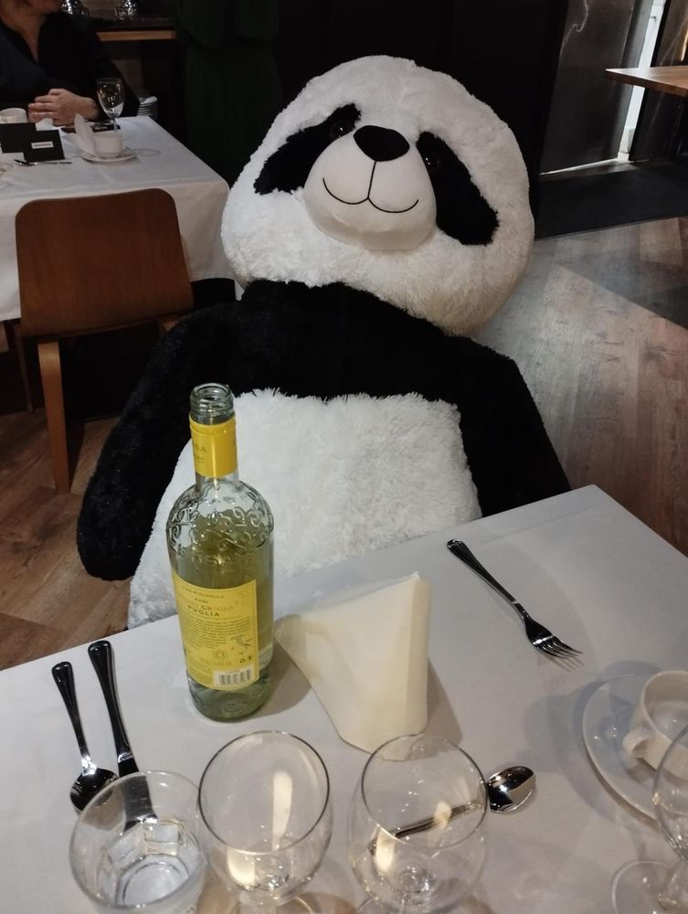 Kuvassa isokokoinen pehmolelupanda istuu juhlavasti katetussa illallispöydässä edessään avattu valkoviinipullo.
