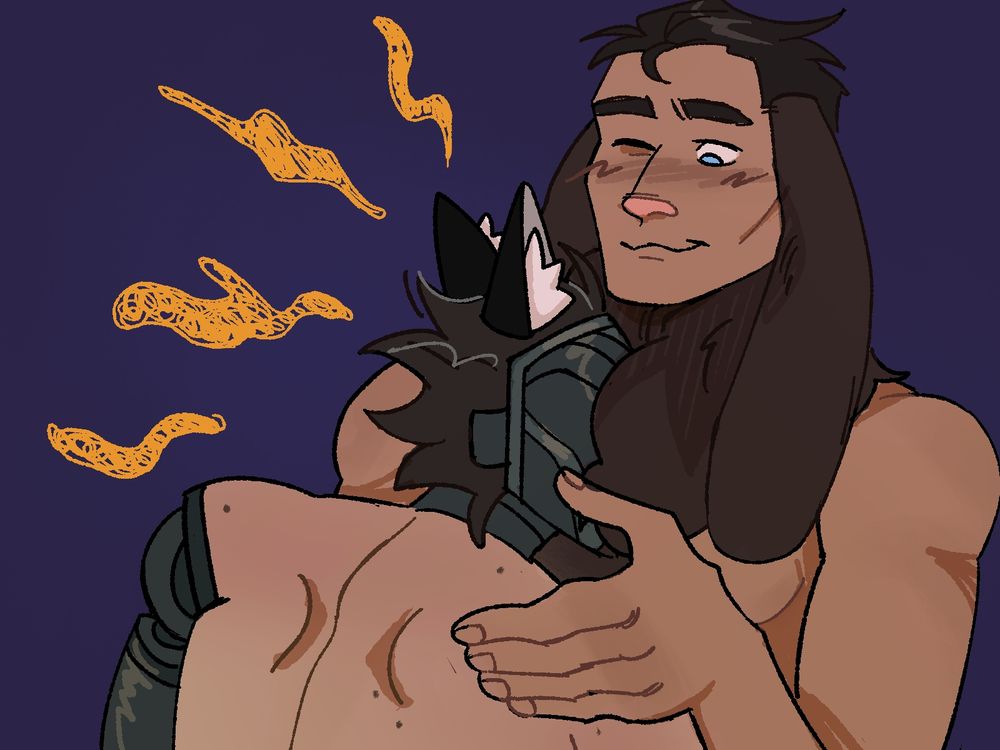 Drawing of Jayce and Viktor from League of Legends with bunny and kitty ears respectively, Viktor's face is buried in Jayce's dewlap, Jayce has a coy expression.