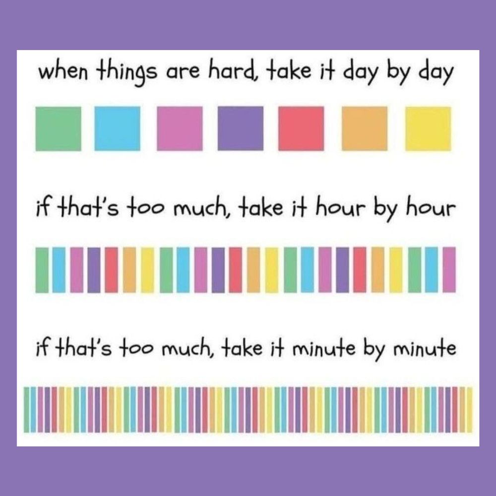 when things are hard, take it day by day
if that's too much, take it hour by hour
if that's too much, take it minute by minute