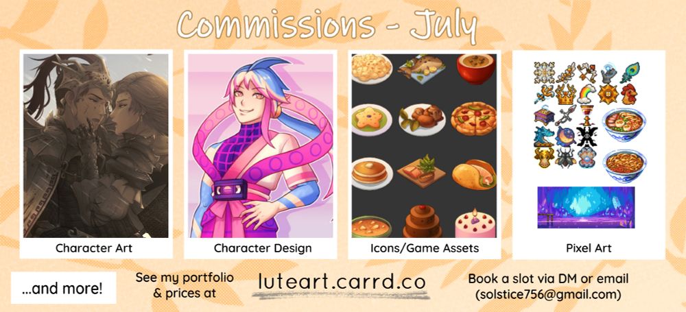 Commission sheet for AnarchisedLUTE, displaying Character Art, Character Design, Icons/Game Assets, and Pixel Art. It shows his website with his commission prices and portfolio (luteart.carrd.co) and that you can book a commission slot via direct messages on Bluesky or in an email (solstice756@gmail.com).