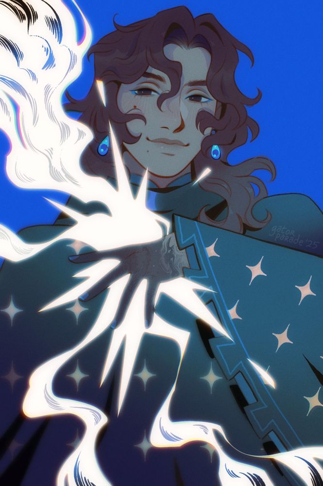 A young man in a green, star-studded robe against a bright blue background. His hand covers a smoldering star, holding it against his chest as it glows white hot.