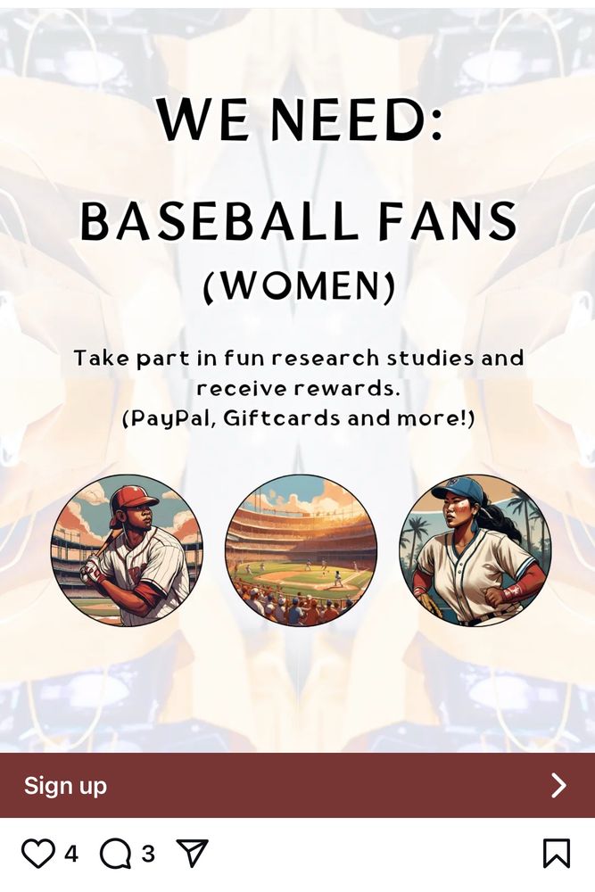 An instagram ad seeking baseball fans (women) to complete marketing surveys. Yeah its gotta bunch of slop ai art too. 