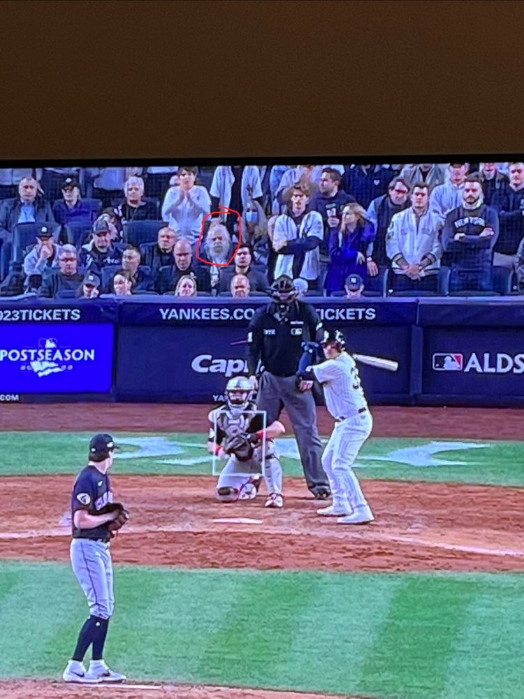a picture of a tv showing a yankees home game. in the third row behind home plate a man who looks like a wizard is circled. 