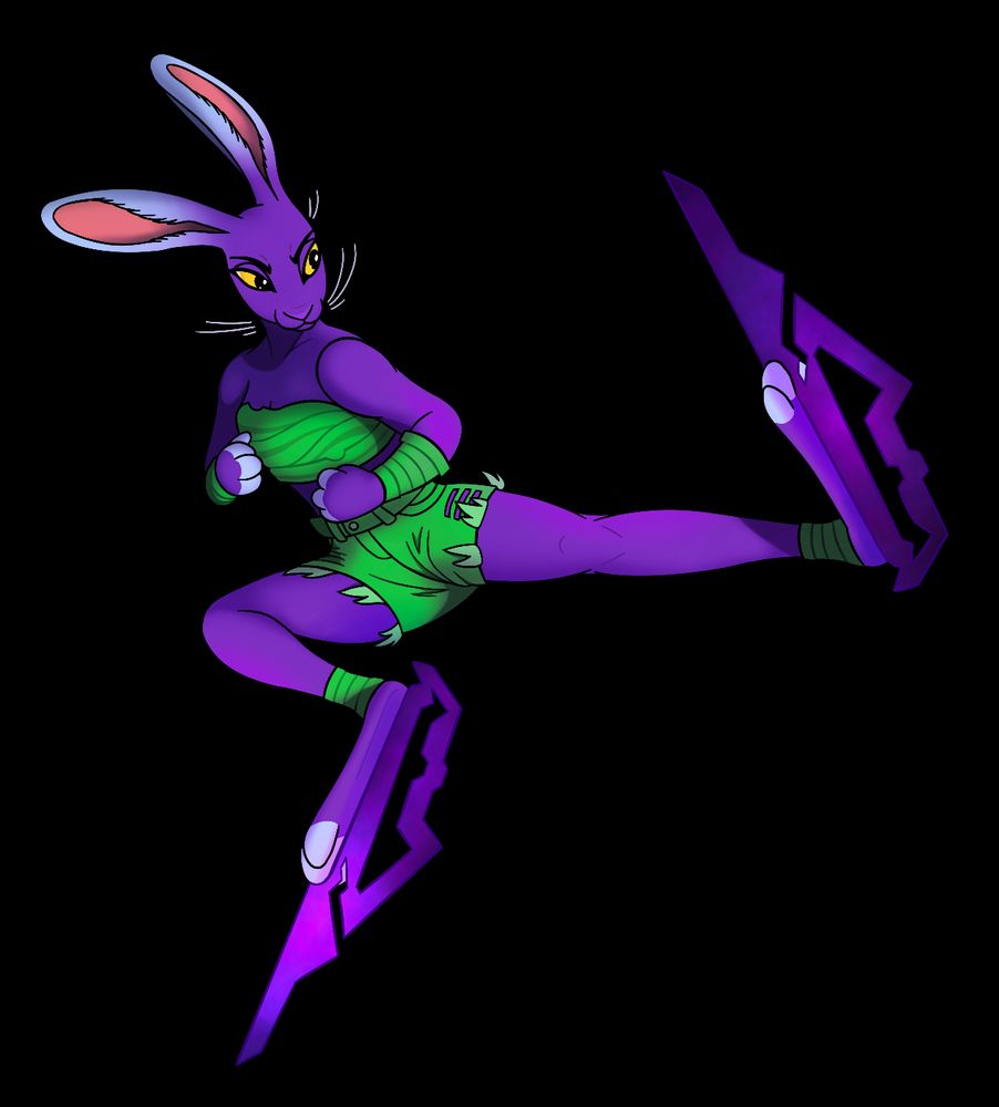 (Art by https://n1chts.furaffinity.com) Lyra Stormpaw (DC20 rabbit Beastborn Monk) jump-kicking an enemy with Umbral-attuned phantasmal blades projected from her paws. Her indigo-furred body is dressed in chest wraps, shorts, armbands and anklets, all woven from hempen fiber. Those tips on the blades look awkward? Good thing about magic; she can switch their orientation around if she so chooses.