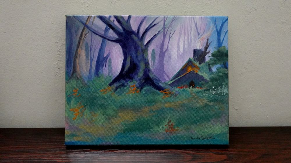 Acrylic painting on a stretched canvas. There's a big blue tree in front, a house covered in moss on the right and various trees in the back. There are 3 spirits floating in air in the background between trees.