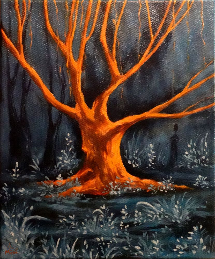 An oil painting. There's a big bright orange tree in the foreground with smaller trees in the background. There's a figure lurking besides the big tree.