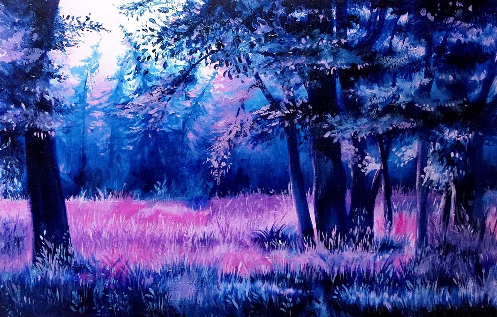 An oil landscape painting of a clearing in a forest. It's a bright sunny day, with the clearing being lit up with bright yellow sunlight. There's one tree on the left and 5 trees on the right in front with all of them having lush leaves. The painting has a limited palette with deep ultramarine blue as shadows, light blue with pink mixed in as the mid tine ans light pink as highlights.