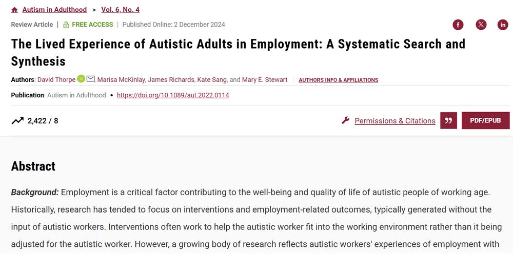 Screenshot of journal article titled 'The Lived Experience of Autistic Adults in Employment: A Systematic Search and Synthesis'