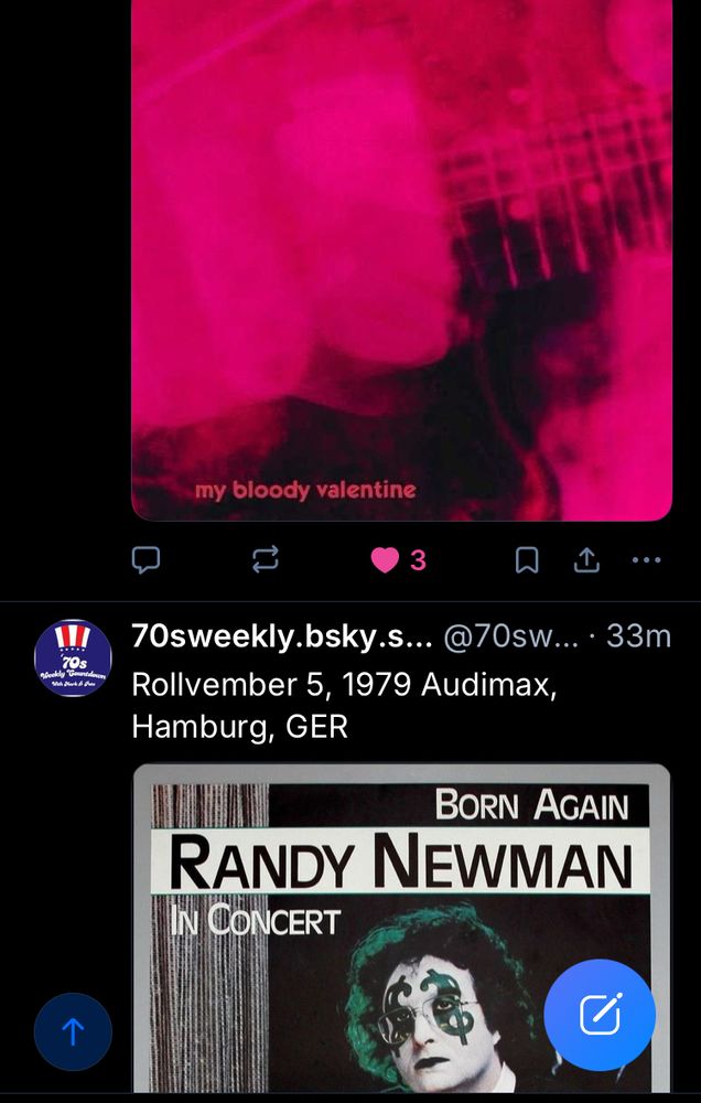 Neighboring posts depicting the respective cover art for My Bloody Valentine’s Loveless and Randy Newman’s Born Again