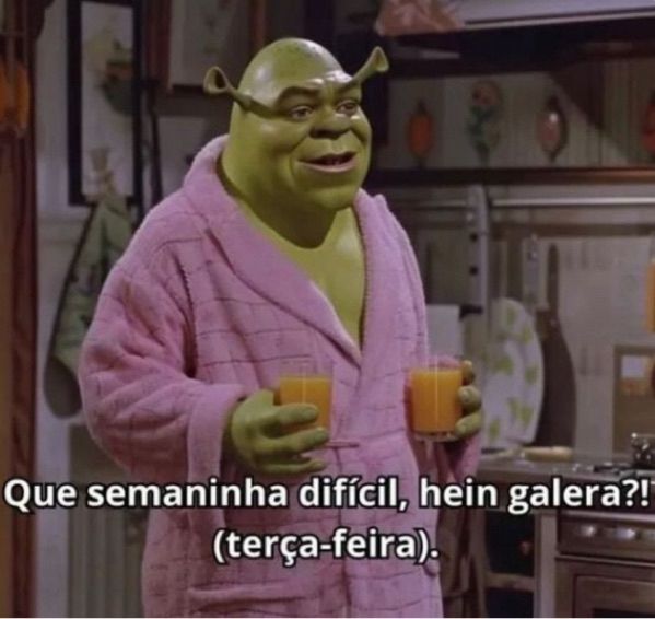 Imagem com personagem Shrek vestindo um roupão rosa segurando dois copos que parecem ser de suco e embaixo a frase: “Que semaninha difícil hein galera?! (terça-feira)”
