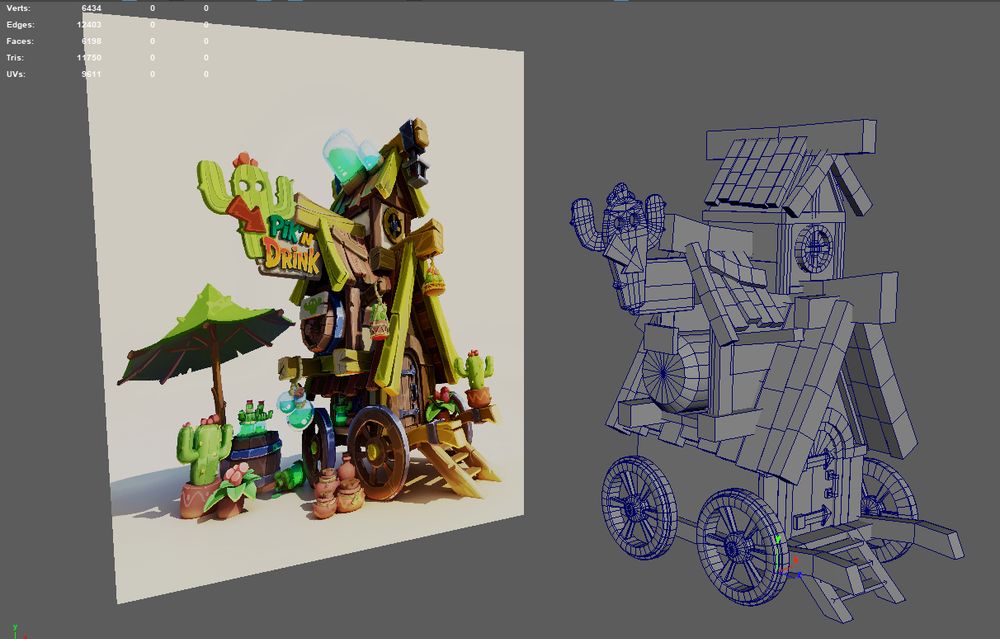 concept art and 3d model blockout of it - ui of Maya