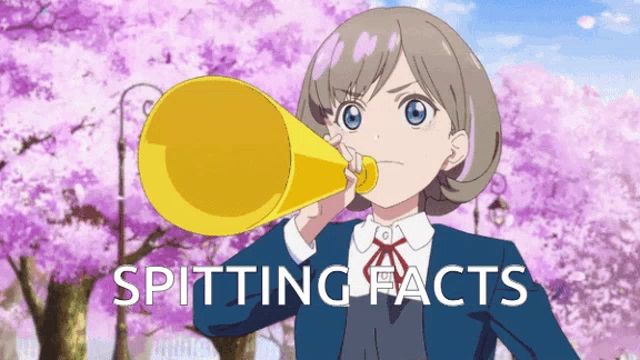 a girl in a school uniform is holding a megaphone in front of a sign that says spitting facts