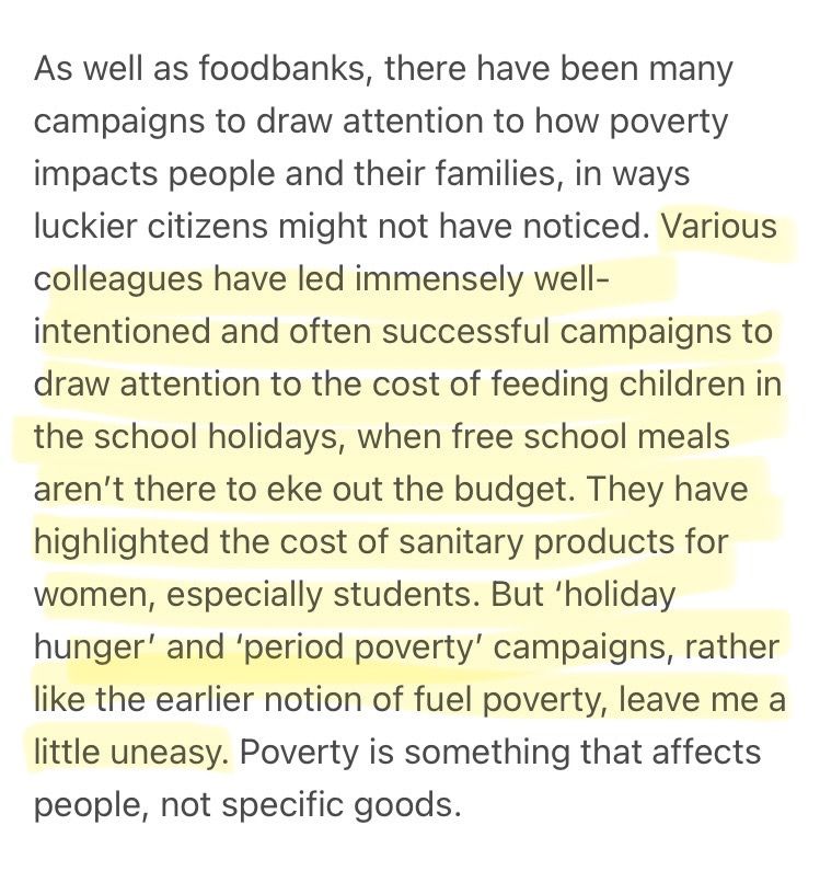 Another screenshot from 2018 article she wrote for her own MP website:
“As well as foodbanks, there have been many campaigns to draw attention to how poverty impacts people and their families, in ways luckier citizens might not have noticed. Various colleagues have led immensely well-intentioned and often successful campaigns to draw attention to the cost of feeding children in the school holidays, when free school meals aren’t there to eke out the budget. They have highlighted the cost of sanitary products for women, especially students. But ‘holiday hunger’ and ‘period poverty’ campaigns, rather like the earlier notion of fuel poverty, leave me a little uneasy. Poverty is something that affects people, not specific goods.”