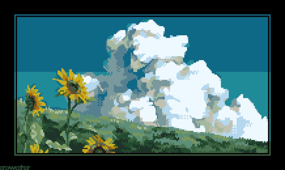 a pixel art landscape of a grassy hill with a large cloud in the background and sunflowers in the foreground. A redraw of a still from the movie ‘My Neighbour Totoro’.