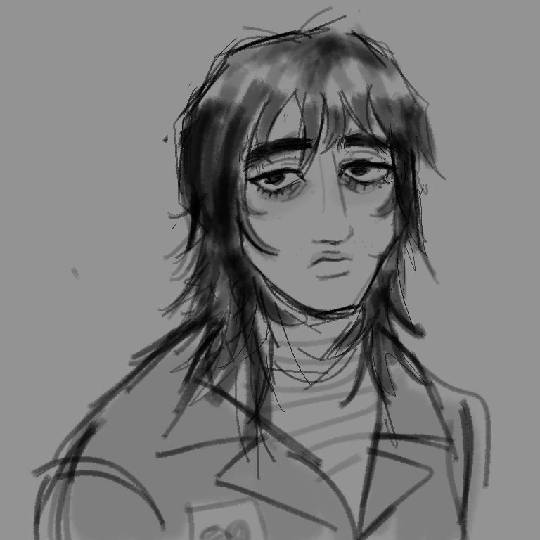 A headshot image of Anya from Mouthwashing. She is looking upwards with a somber expression. The drawing is done in grayscale, with a gray background.