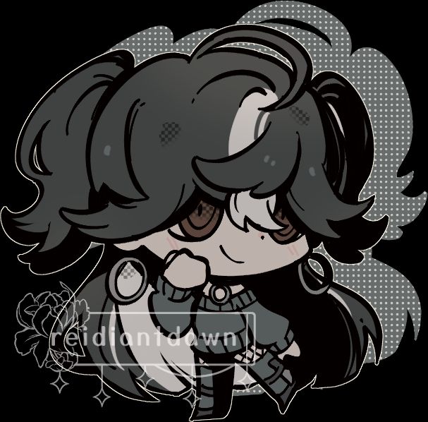 A chibi in the style of the promo art of Limbus Company; the character is a girl with black hair streaked with white, bangs mostly covering her eyes, and hoop earrings.