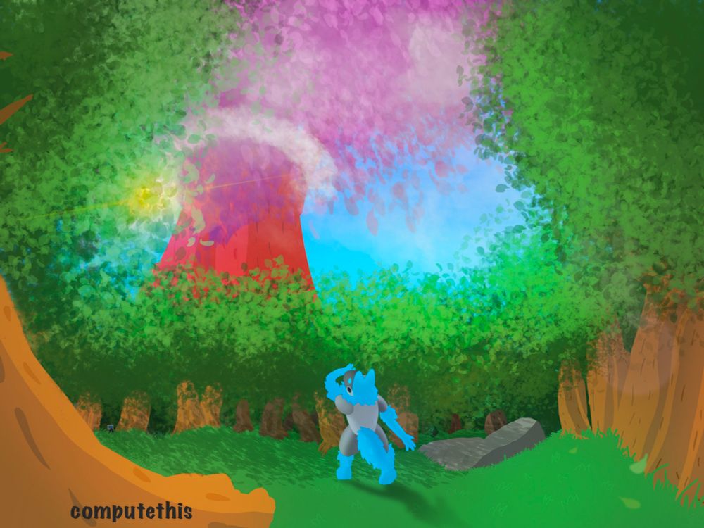 [OLD] A blue Protogen surrounded by trees looks up to see a far away gargantuan red tree with pink leaves through an opening in the dense forest. 