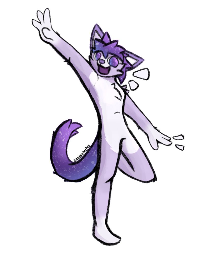 A very happy looking purple anthropomorphic cat with giant purple/pink starry eyes, tail and hair strikes an excited pose