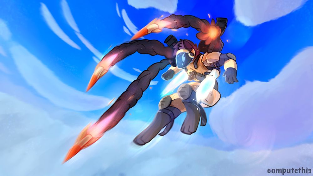 A protogen version of Northstar from Titanfall 2 high in the sky, just above the clouds, flying up/backwards while firing multiple missiles at something off screen. 