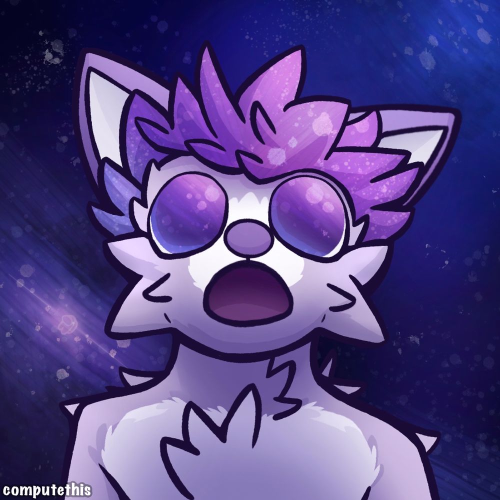 A purple anthropomorphic cat with giant starry eyes and starry hair stares in awe of their vibrantly coloured galactic surroundings while bits of fur start to float up due to a lack of gravity (they’re probably suffocating to death) 