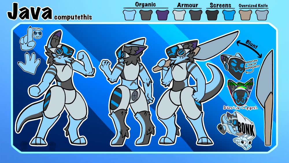 A reference sheet for an extremely smug blue and dark gray protogen and their oversized butter knife  