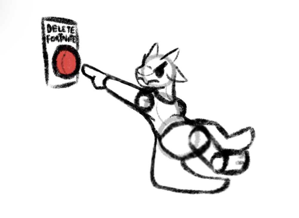 A sketch of a very lazy anthropomorphic dragon sitting on their tail trying very hard to reach a big red button labelled “delete Fortnite” while not having to get up off their tail 