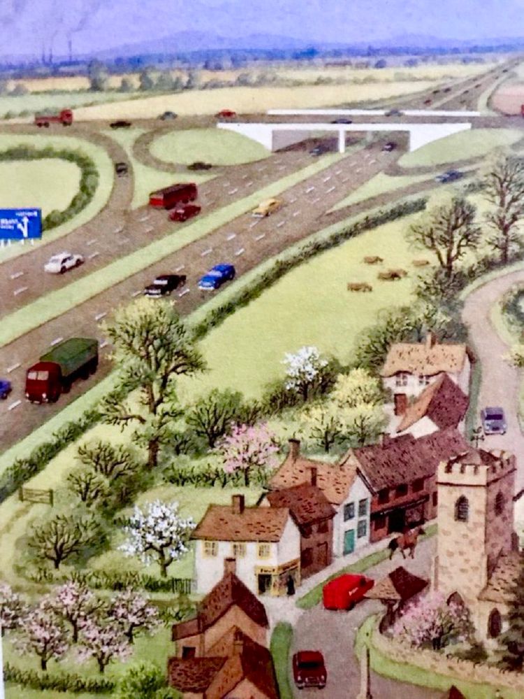 Stylised aerial view looking down at an area divided in two by a sort of conceptual diagonal with a small quaint village in the bottom right segment and a modern motorway system on the left