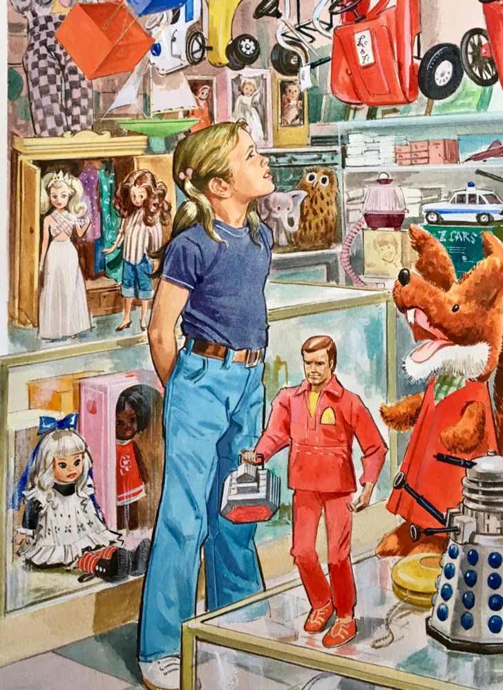 Jane, dressed in jeans and a T-shirt looks up at the shelves of a very crowded toy shop. In the foreground we see basil brush and a Dalek and the $6 million dollar man. In the background is a Z cars police car