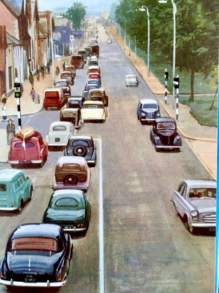 A photo realist illustration looking down on a long straight road packed with cars (from the 1950s and 60s, of course). There are no lane markings painted, adding to the confusion