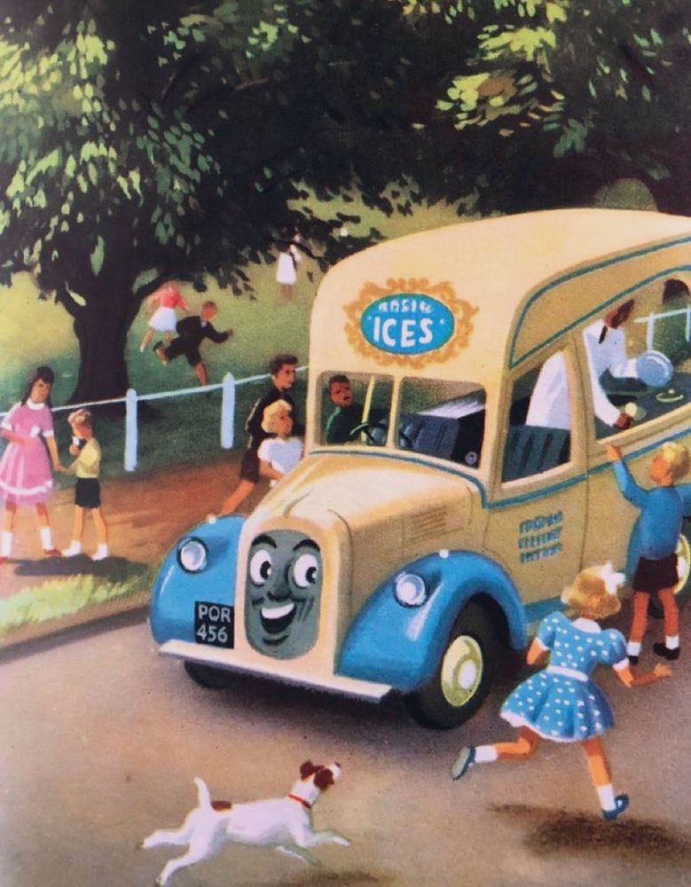 An anthropomorphic depiction of an ice cream van in the style of the Railway Series books. Children rush across roads and a park to buy ice creams at the (smiling) van
