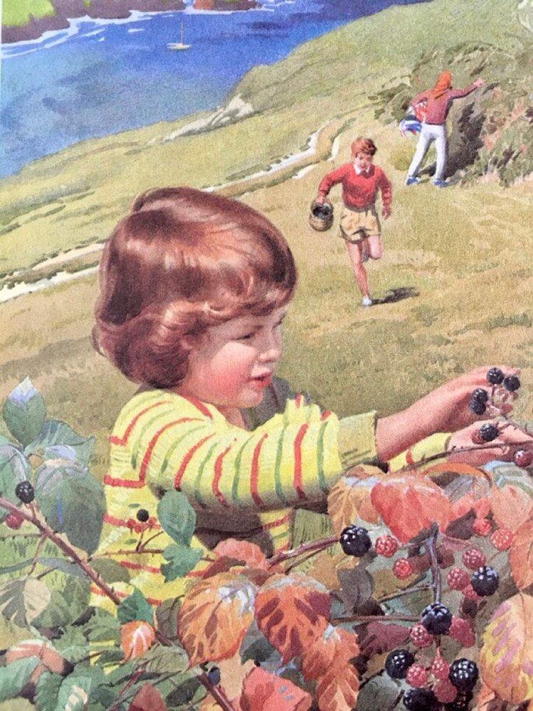 A mother and two children are out picking blackberries on the slopes above a small cove on a sunny day