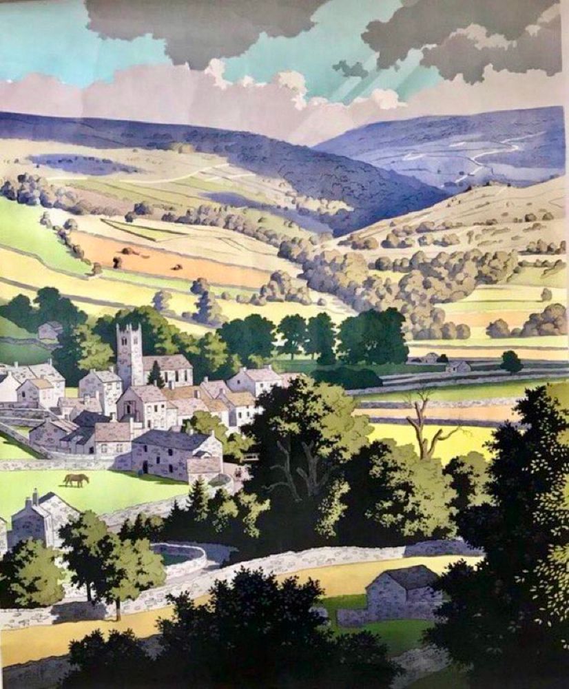 A lovely vintage railway poster, in a limited palette range based on green, looking down into a village in a dale