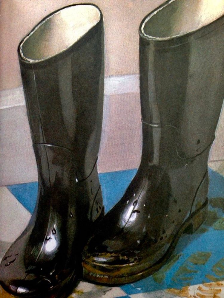A photo-realistic illustration of two shiny, damp Wellington boots on a muddy kitchen floor, as if the owner has just come in from a walk