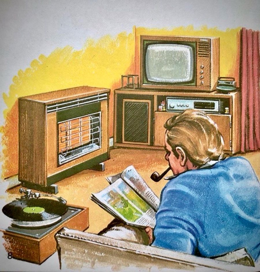Illustration of a 1970s living room, with lots of orange: orange walls and carpet, a gas fire burning orangely and a man in a blue jumper reading and smoking a pipe while listening to music on a record player