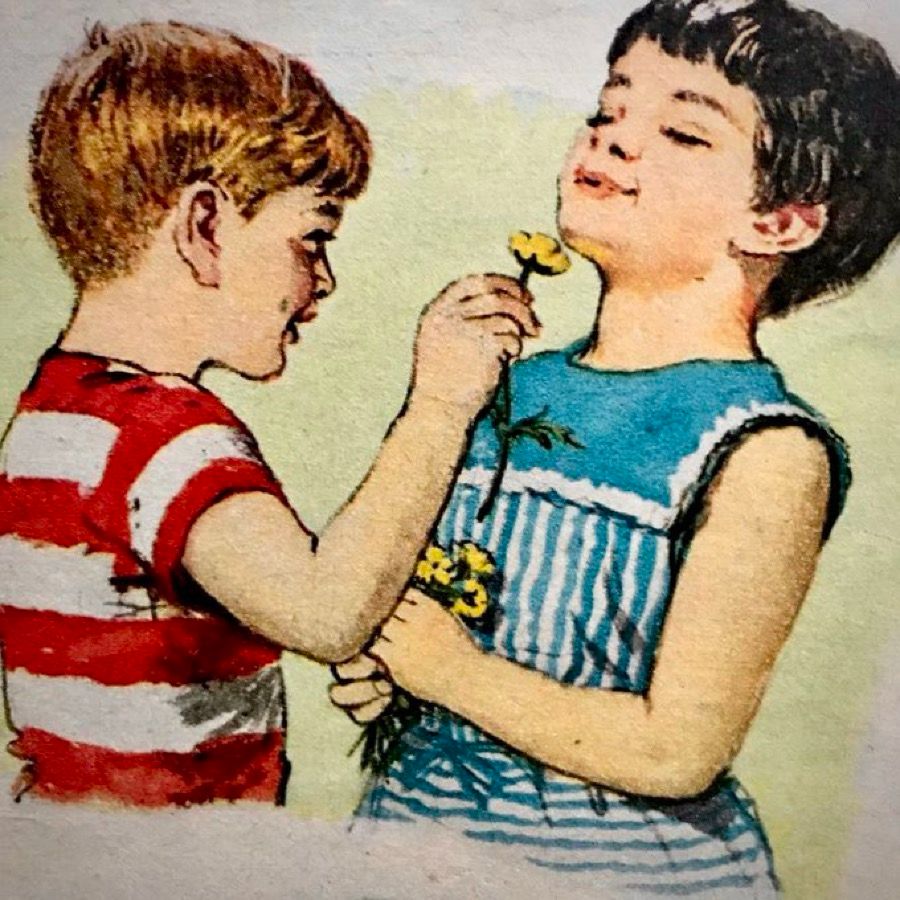 Illustration of a small boy in a red and white striped T-shirt holding a buttercup under the chin of a little girl who obligingly tips her head back